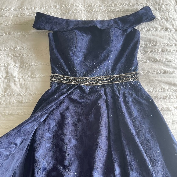 ENGAGEMENT PROM GOWN COUTURE MERMAID W/ ATTACHED SKIRT NAVY BLUE OFF SHOULDER - Picture 3 of 10